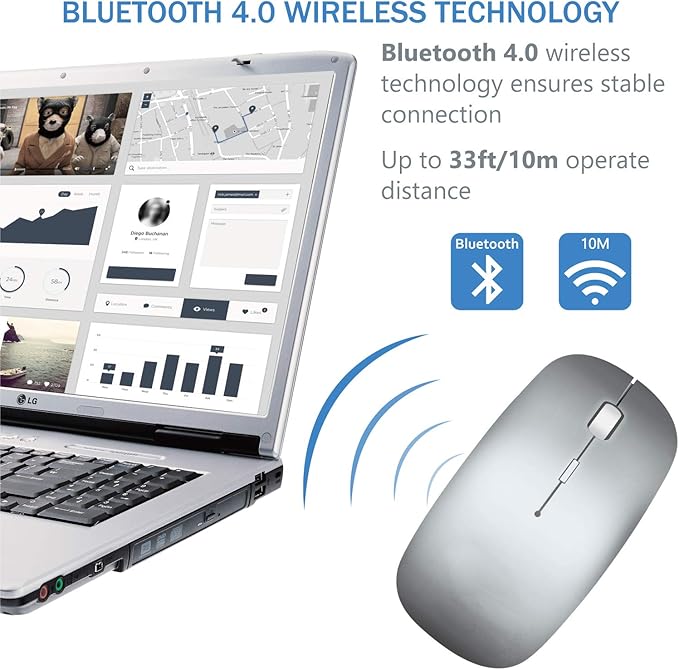 Bluetooth Wireless Mouse for MacBook Air Mac Pro Laptop Computer iPad Pad PC Laser Optical Rechargeable Mini Slim Silent Mouse Widely Used Desktop Hp iMac (Silver)