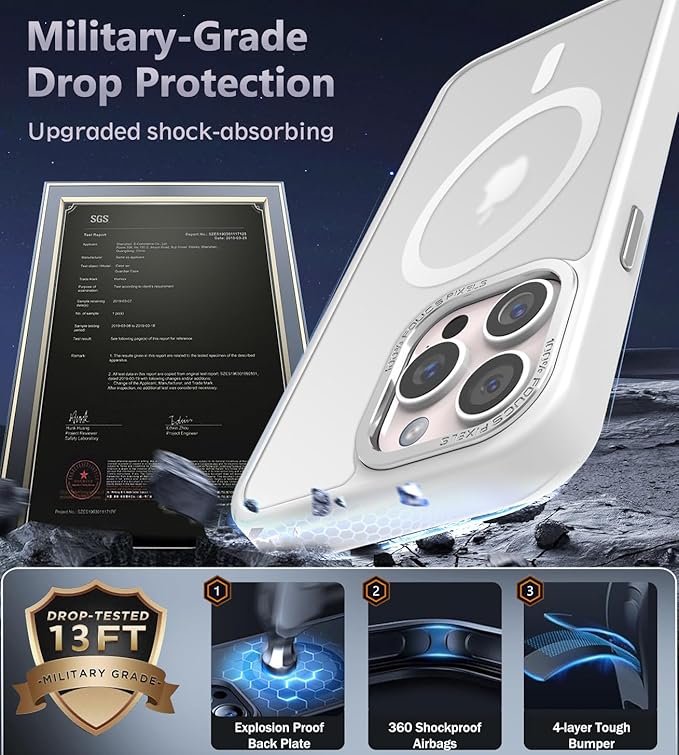 Newfuture Designed for iPhone 13 Pro Max Case with Magnetic [13 FT Military Drop Protection] [Compatible with Magsafe] Slim Translucent Matte Shockproof with Anti-Fingerprint Phone Case, Frosted White