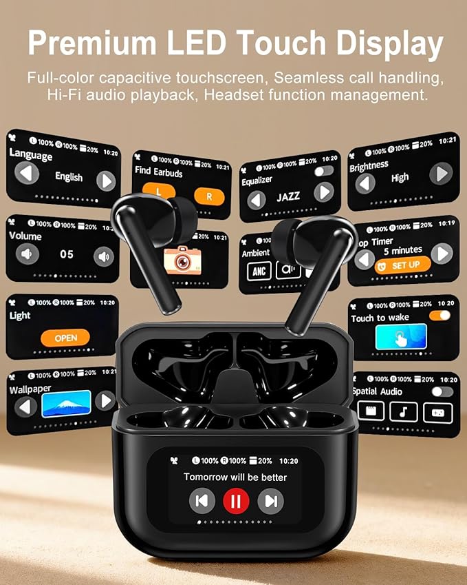 Bluetooth Earbuds with LED Touchsceen, IPX7 Waterproof Wireless Earphones, Hi-Fi Stereo & 68H Playtime, ANC ENC Noise Cancelling, for Work/Running/Trave (Black)