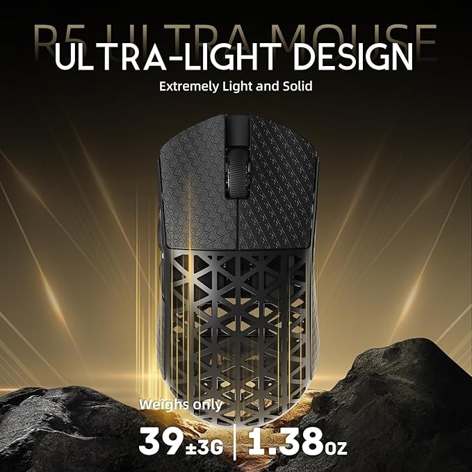 R5Ultra 8K Wireless Gaming Mouse with 42,000 DPI -PAW3950 MAX Sensor -39g Ultra-Lightweight Carbon Fiber -Nordic 52840 MCU Chip-Wired/BT/2.4GHz Wireless Programmable Mouse Griptape for PC/Mac (Black)