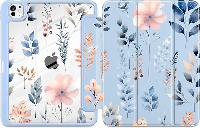Case for iPad Pro 11 inch (M5) 2025 (M4) 2024 Release Slim Lightweight Cute Light Blue Cover with Clear Back TPU Edge Pencil Holder Trifold Stand, Hand-Drawn Leaves