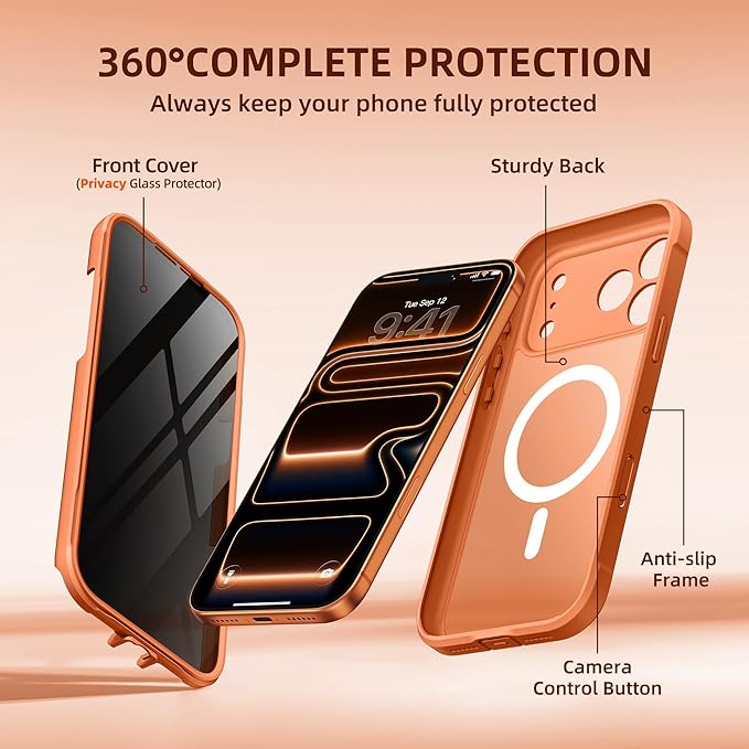 BERFY for iPhone 17 Pro Case, Compatible with MagSafe, Built-in Privacy Screen Protector, Camera Protection, Shockproof Full Body Phone Case 6.3", Translucent Cosmic Orange