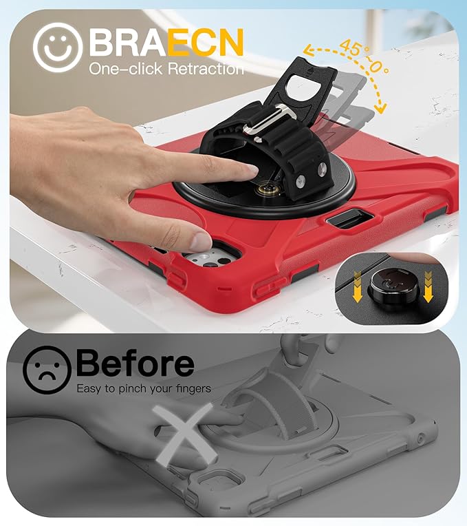 BRAECN Case for iPad Pro 11 inch M5 2025 & M4 2024, 4 Layers Heavy Duty Full-Body Protection Screen Protector Pencil Holder, 360° Rotating Handle Kickstand, Shoulder Strap Kids Friendly