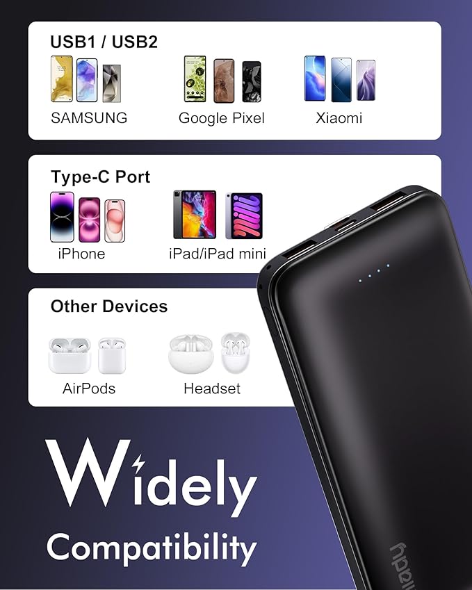Miady 2-Pack Portable Charger, Slim 10000mAh Power Bank Travel Battery Pack 3 Outputs 2 Inputs Compatible with iPhone 17/16/15/14/13 Galaxy S24/22 iPad Android etc (2 White)