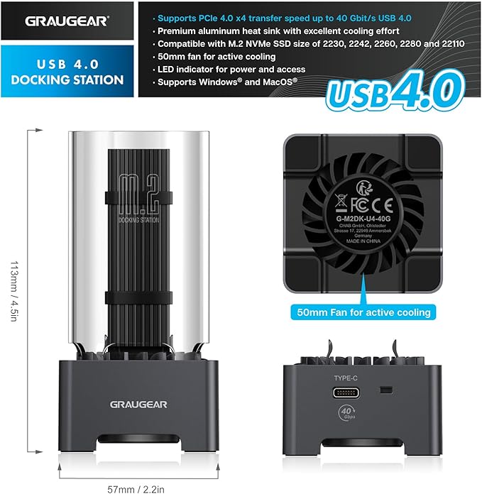 GRAUGEAR USB4 M.2 SSD Docking Station, 40Gbps External NVMe SSD Enclosure with Built-in Cooling Fan, UASP Trim Support, Compatible with Thunderbolt 4/3, ASM2464PD Chip