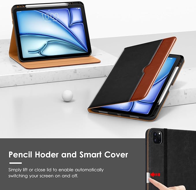 VIKESI Case for iPad Air 13 inch (M4) 2026 / (M3) 2025 / (M2) 2024,Premium Leather Folio,Apple Pencil Holder,Auto Sleep/Wake,Stand Cover - Black Brown