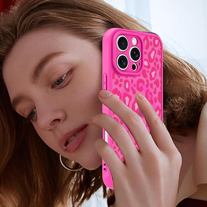KANGHAR Case for iPhone 16 Pro Max Hot Pink Leopard Printed Pattern Cute Cheetah [Compatible with Magsafe] Protective Magnetic Case for Girls Women 6.9"
