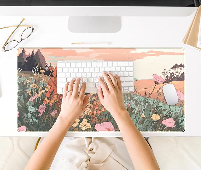 Desk Mouse Pad Large Desk Mat Botanical Flowers Mouse Mat Gaming, Extended Floral Keyboard Pad XXL, Long Desktop Laptop Mat Aesthetic Watercolor Wildflower Office Decor for Women 31.5x15.7 Inch