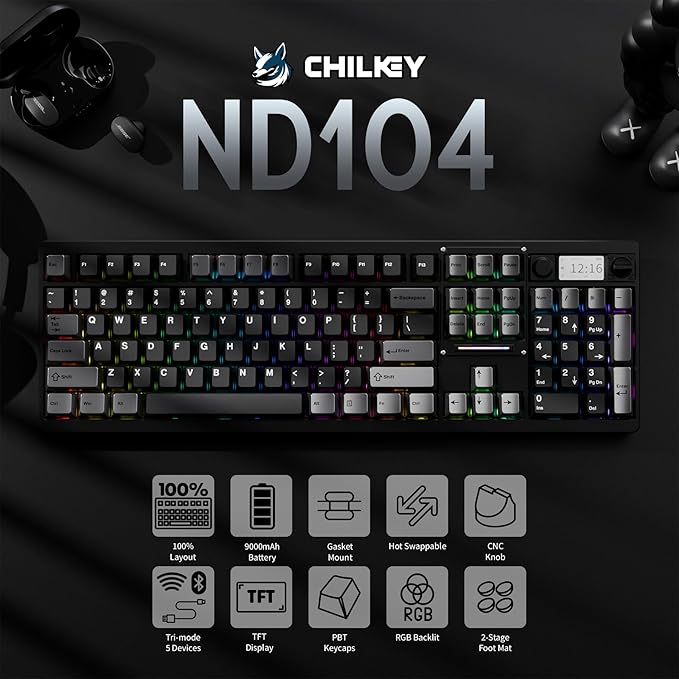 OOCTPK Wireless Mechanical Keyboard, Chilkey ND104 Gaming Keyboard with LCD Screen, 104% Hot Swappable Custom Keyboard with Knob, RGB Backlit, Bluetooth 5.4/2.4GHz/USB-C, Full-Aluminum, PC/Mac Support