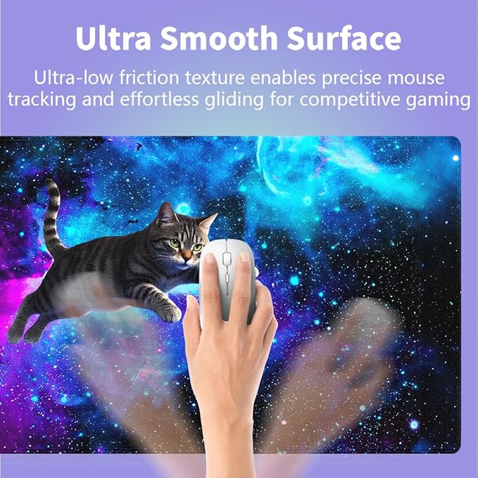 Large Gaming Mouse Pad (31.5" x 15.8") - Cute Flying Space Cat Funny Lovely Kitten Playing Blue Purple Galaxy Nebula, Extra XXL Extended Office Accessories, Premium Stitched Anti-Slip Desk Mat