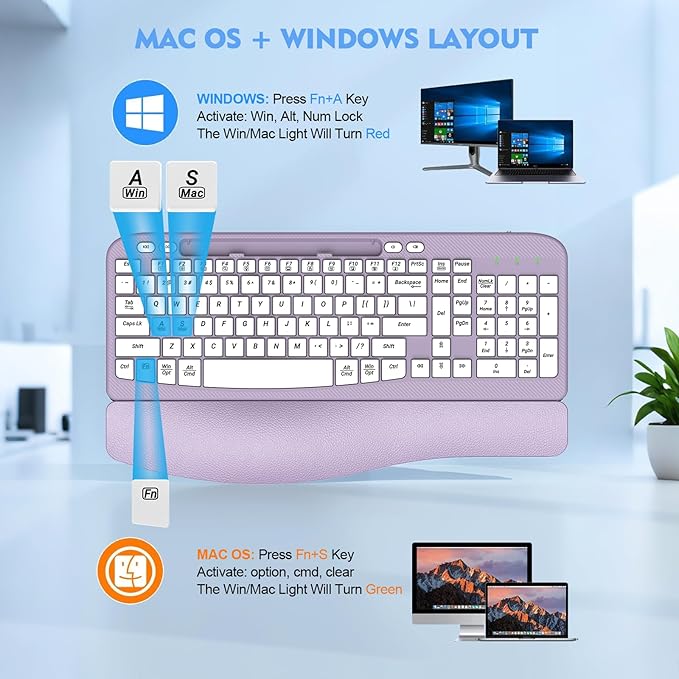 Ergonomic Wireless Keyboard with Cushioned Wrist Rest, Wave Keys, Phone Holder, Comfortable Natural Typing, 2.4GHz Full Size Cordless USB Computer Keyboard for Windows, Mac OS, Laptop, PC (Purple)