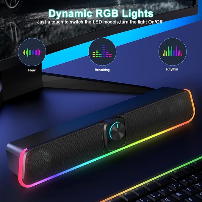 Computer Speakers - Wired USB Powered Bluetooth Computer Sound Bar with RGB & Volume Knob, HiFi Stereo Portable Gaming Sound Bar Speaker for Desktop Monitor, PC, Laptop, Tablets, Mac Air/Pro