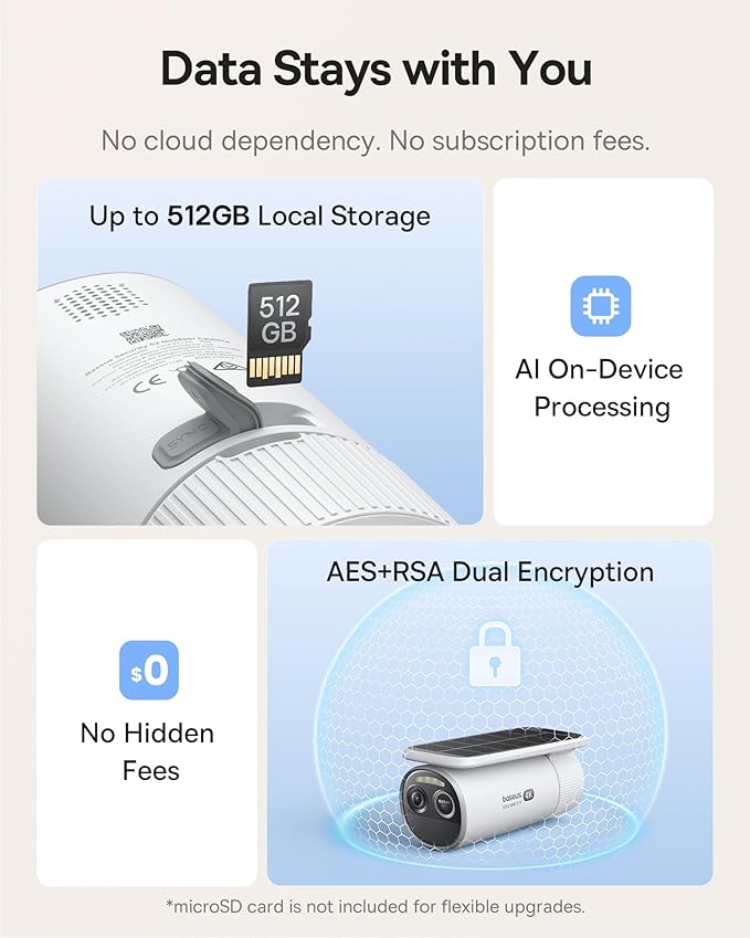 Baseus S2 4K Solar Security Cameras Wireless Outdoor - Radar+PIR Detection, AI Face Recognition, Auto Sunlight-Tracking, Color Night Vision, IP67, No Monthly Fee, Local Storage, Featured at CES 2025