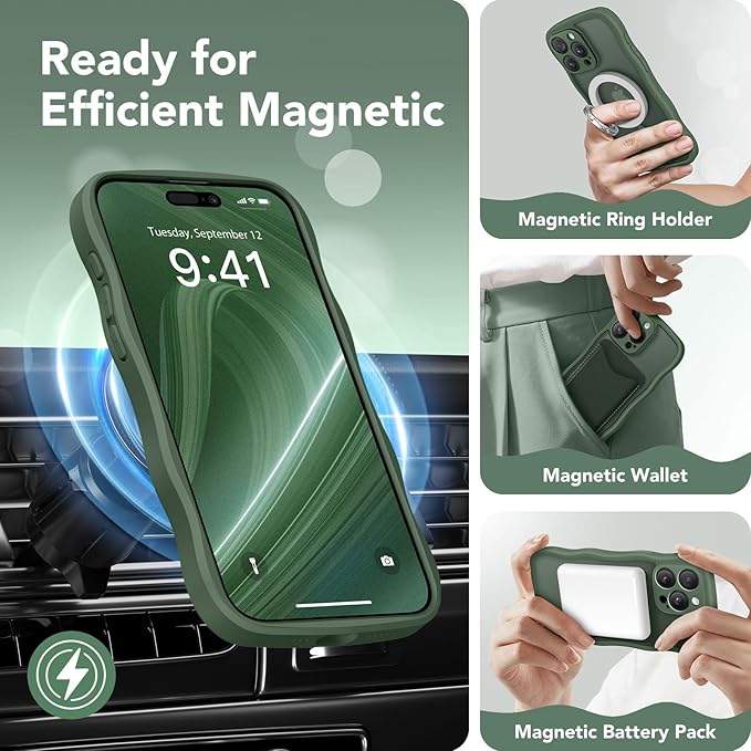 CAPRARO Cute for iPhone 13 Pro Max Case, Compatible with MagSafe, [Curly Wave Edge] [Full Camera Protection] [14 FT Drop Protection] Magnetic Phone Case for 13 Pro Max 6.7 Inch, Dark Green