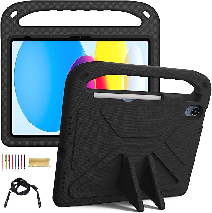 for iPad A16 Case 11th Generation 2025 11 Inch, iPad 10th Generation 10.9" 2022 Case, Kids Friendly Lighweight EVA Foam Shoulder Strap Shockproof Stand Cover for Girls Boys, Black