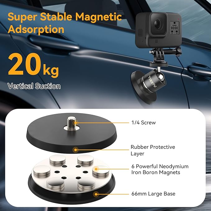 UTEBIT 66mm Strong Magnetic Base Mount for Action Camera, Magnet Camera Mount with 360° Rotation Ball Head & Phone Holder Mount, Compatible with Gopro Hero, DJI Osmo Action Osmo Nano, Insta360, Black