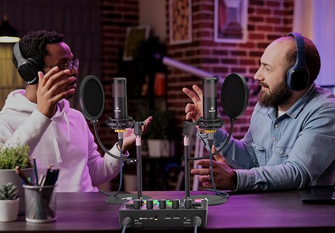 Podcast Equipment Bundle for 2, RGB Mixer with Premium 48V XLR Condenser Microphone Micro-SD card, Surround Sound, for Live Streaming/TikTok/YouTube, Compatible with iOS,Android,PC,Camera RS2i2
