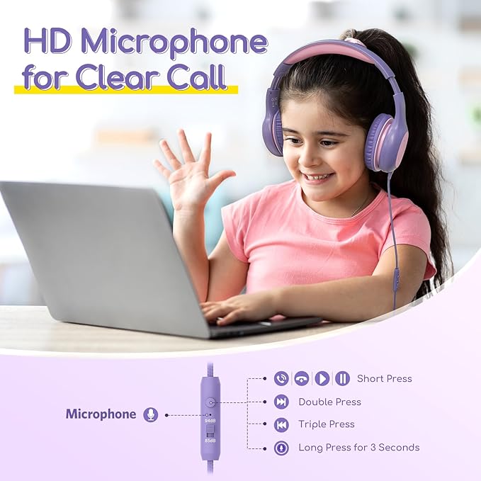 EarFun Kids Headphones Wired with Microphone, 85/94dB Volume Limit Headphones for Kids, Portable Wired Headphone with Shareport, Stereo Sound Foldable Headset for School/Tablet/iPad, Violet Pink