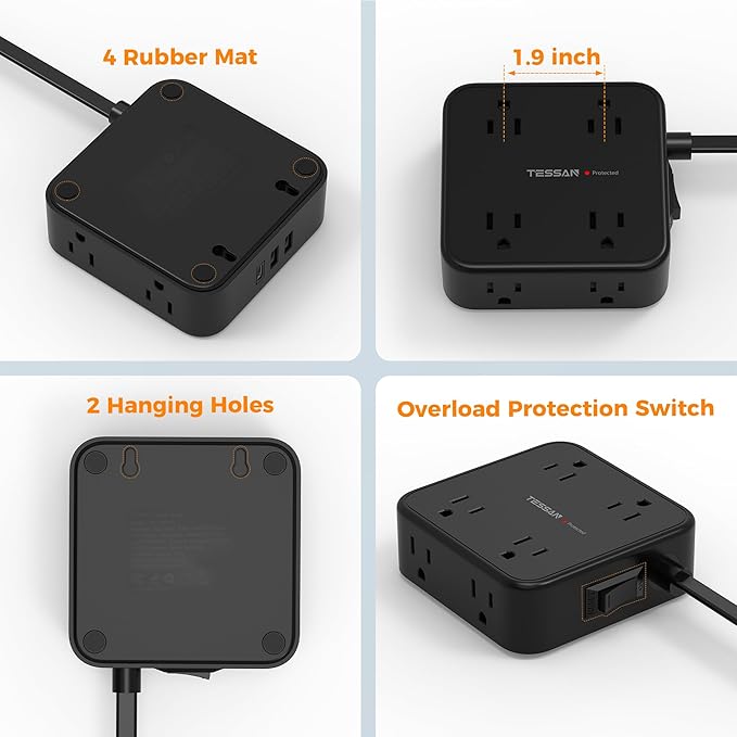 TESSAN Surge Protector Power Strip, 5 Ft Flat Plug Extension Cord with 3 USB (1 USB C) 8 Outlets, 1875W, 900J Protection, 3 Sided Outlet Extender with Power Switch for Office, Dorm Room, Black
