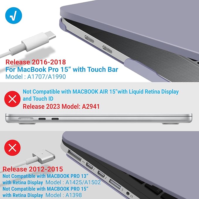 IBENZER Compatible with MacBook Pro 15 Inch Case 2019 2018 2017 2016 A1990 A1707, Hard Shell Case with Keyboard Cover & Type C Adapter for Mac Pro 15 Touch Bar, Lavender Gray, T15LVGY+1TC