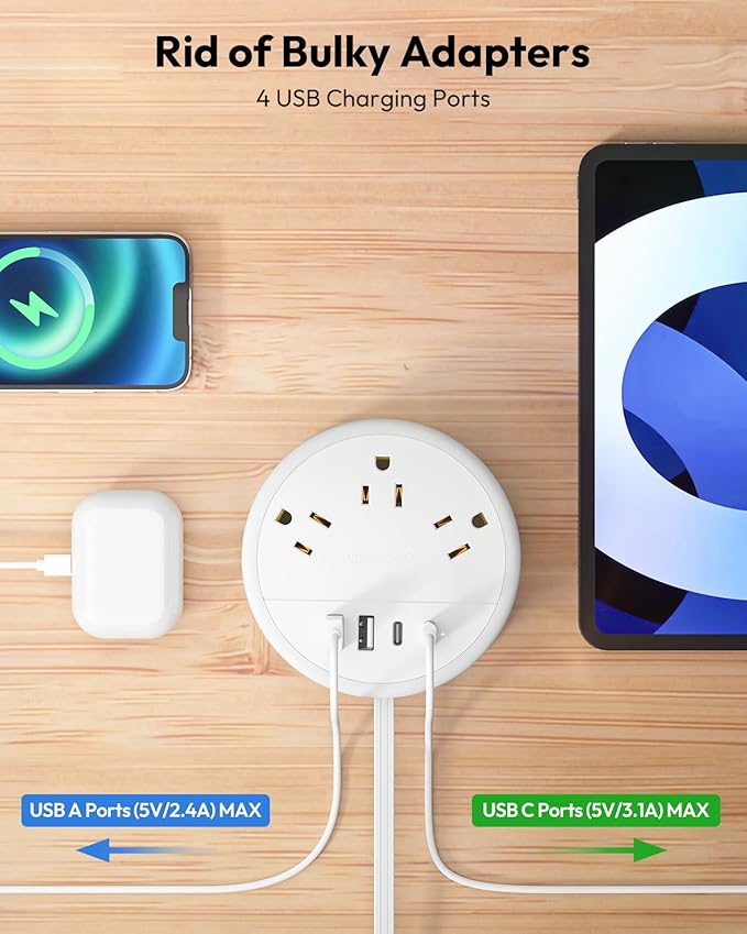 NTONPOWER Travel Power Strip, Travel Essentials, Cruise Essentials 2026 3 Outlets 4 USB Ports(2 USB C), 4FT Wrapped Around Extension Cord for Travel Cruise Ship Beach Vacation Essentials White