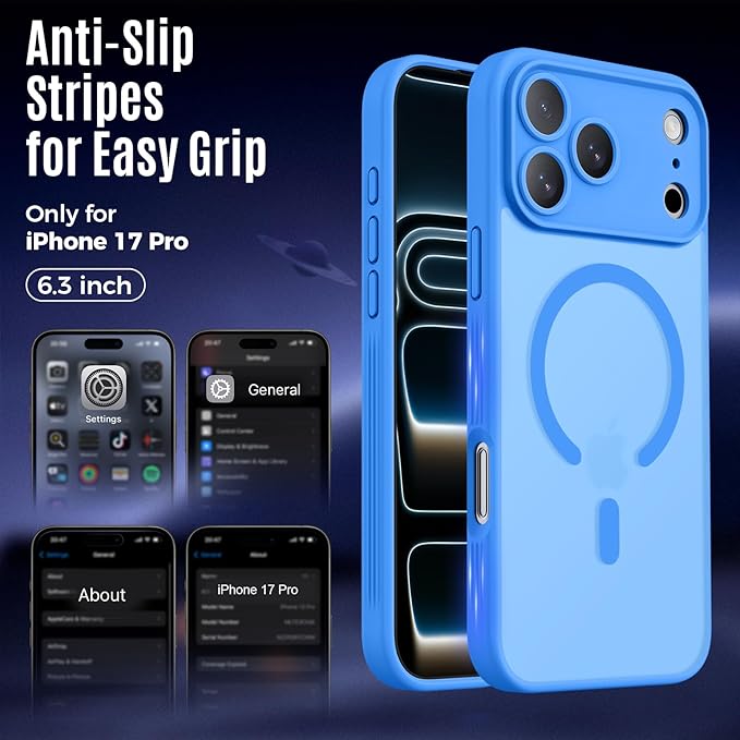 Symcele Designed for iPhone 17 Pro Case, Compatible with MagSafe, [Camera Protection] [15FT Military Drop Protection] Shockproof Translucent Matte Anti-Slip Phone Case, 6.3", Blue