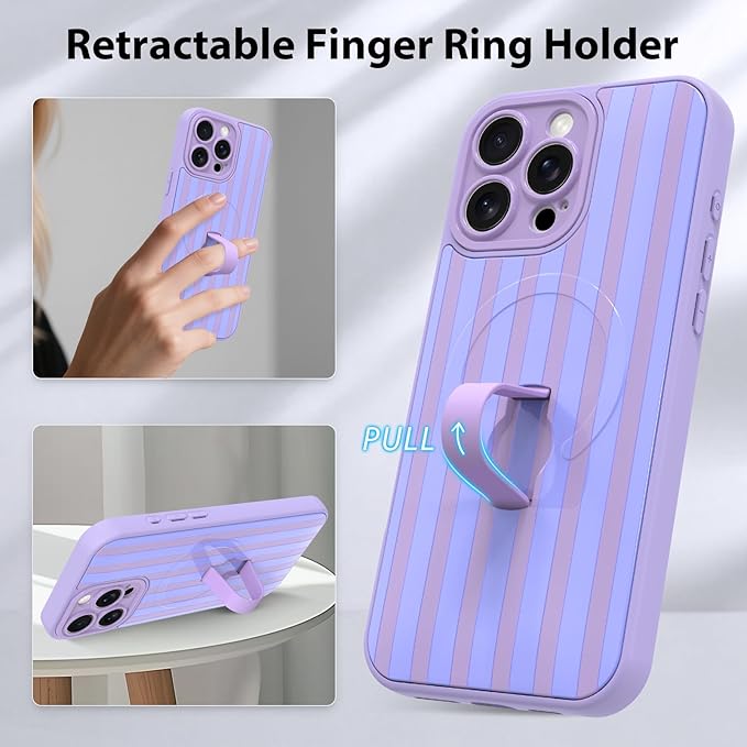 KANGHAR Compatible with iPhone 15 Pro Max Case, Support for MagSafe, Silicone Stripes Cute Pattern, Wristband Kickstand Camera Protection Soft Slim Cover for Girls Women -Purple