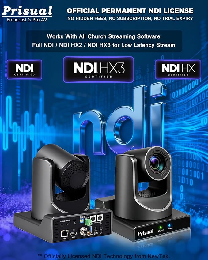 Prisual NDI PTZ Camera Gen 5, NDI 6 & NDI HX3 License Include, AI Auto Tracking, 20X Optical Zoom, 3G-SDI/HDMI/USB/LAN PoE, for Church Worship Live Streaming Education Events - TEM-20N PRO