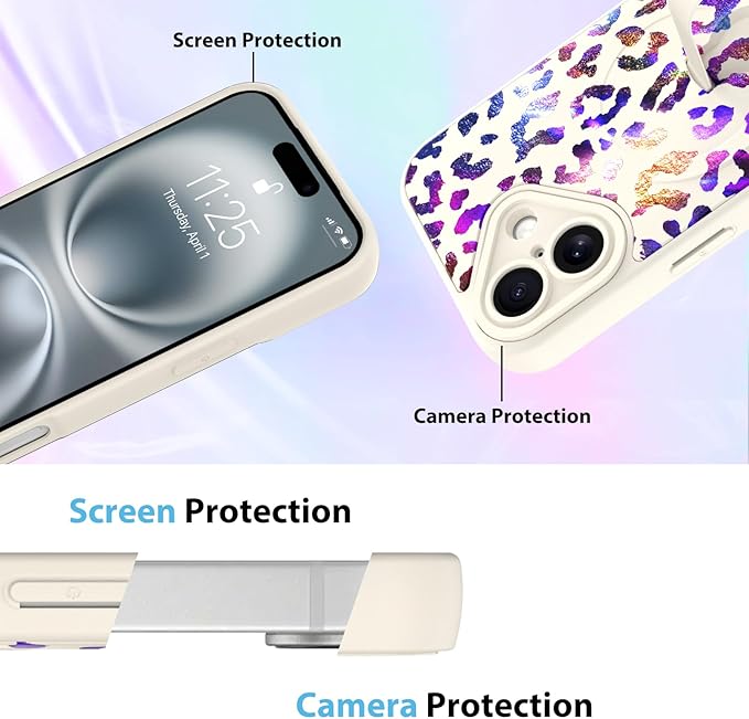 KANGHAR Compatible with iPhone 16 Case, Support for MagSafe, Silicone Cute Iridescent Leopard Cheetah Pattern, Wristband Kickstand Shockproof Protective Slim Cover for Women Girls, White