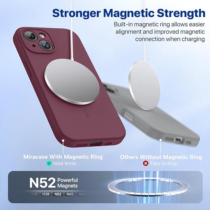 Miracase Magnetic for iPhone 15 Case, [Soft Anti-Scratch Microfiber Lining], Compatible with MagSafe, Liquid Silicone Case Shockproof Drop Protection Phone Case for 15,Wine Red