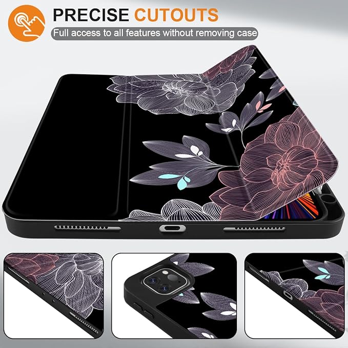 DONGKE Case for 2022/2021/2020/2018 iPad Pro 11 inch Gen 4/3/2/1 - Slim Protective Case - Built in Pencil Holder Support Charging - Trifold Stand & Sleep/Wake Cover - Elegant Flowers