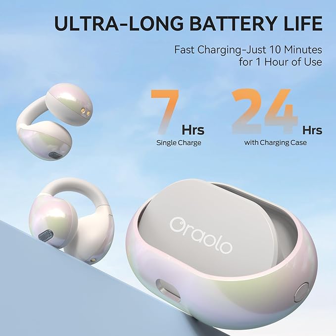 Oraolo Open Ear AC600 Headphones, Bluetooth 6.0 Wireless Earbuds with HiFi Stereo, Clip-On Earbuds with ENC Clear Call, 24H Playtime, Touch Control, IPX6 Waterproof Wireless Headphones for Outdoor