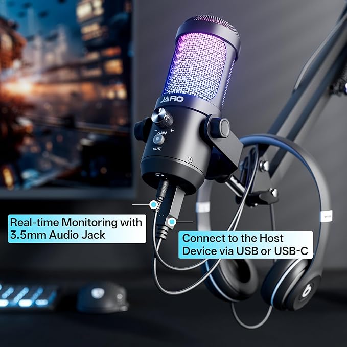 JARO USB Podcast Microphone with Boom Arm, Studio Condenser Mic with Real-Time Monitoring, Mute, Volume Control Ideal for Voice & Singing (Black)