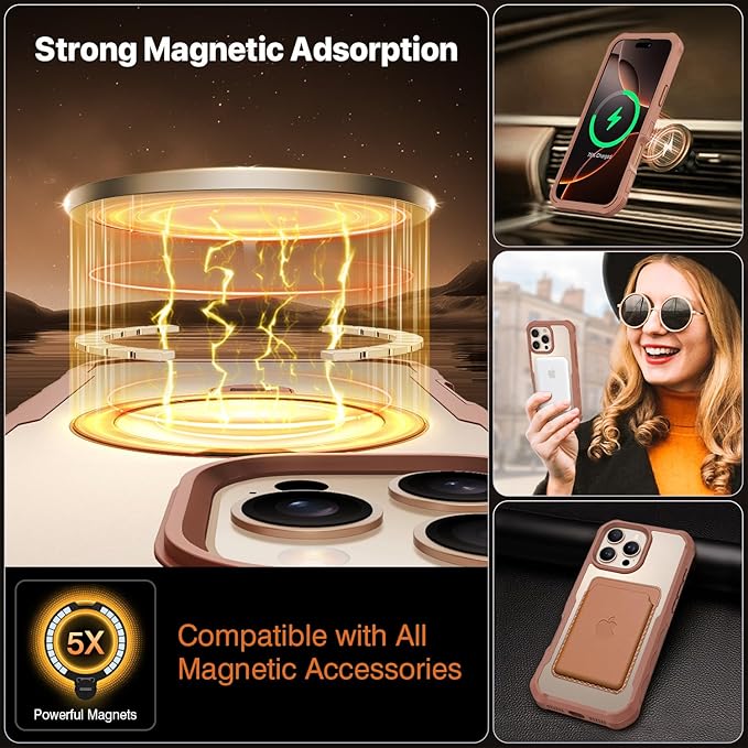CENHUFO for iPhone 16 Pro Max Case, Compatible with Magsafe Full Body Phone Case Built-in 9H Tempered Glass Privacy Screen Protector and 360° Spin Magnetic Stand Ring Camera Lens Cover -Desert Brown