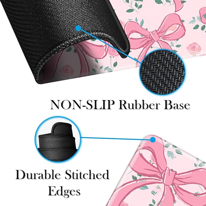 Pink Bow Gaming Mouse Pad Large Desk Mat Extended Keyboard Mouse Pad Anime Mousepad with Non-Slip Base and Stitched Edge Mouse Mat Desk Pad 31.5 x 11.8 Mouse Pads for Desk Home Office Gaming