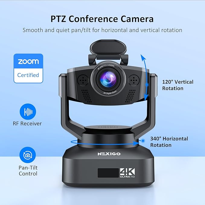 NexiGo Zoom Certified, N990 (Gen 2) 4K PTZ Webcam, Video Conference Camera System with 5X Digital Zoom, Sony_Starvis Sensor, Position Preset, Dual Stereo Mics, 3.5mm Audio Jacks for External Mics