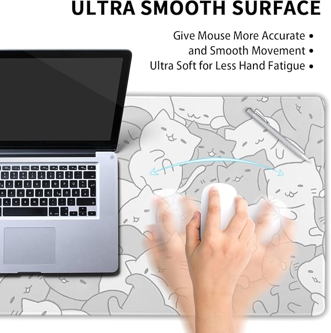 White Kawaii Cats Gaming Mouse Pad XL Cute Anime Kittens Japanese Extended Big Large Desk Mat Non-Slip Rubber Base Stitched Edge Long Keyboard Mousepad for PC Computer Laptop,31.5×11.8 Inches