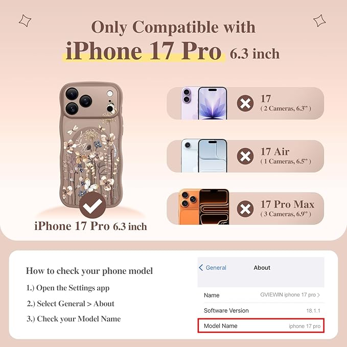 GVIEWIN for iPhone 17 Pro Case Compatible with MagSafe [Curly Wave Edge][Full Camera Protection] Floral Translucent Shockproof Magnetic Women Phone Case for iPhone 17 Pro 6.3'', Autumnflit/Brown