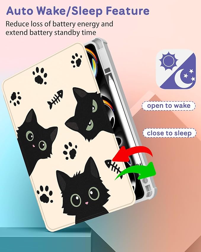 Uppuppy for iPad Pro M4/M5 Case 13 inch - 360 Degree Rotating Stand Folio Smart Cover with Pencil Holder for Women Girls, Black Cats for iPad Pro 13 inch Case 2024 M4/2025 M5