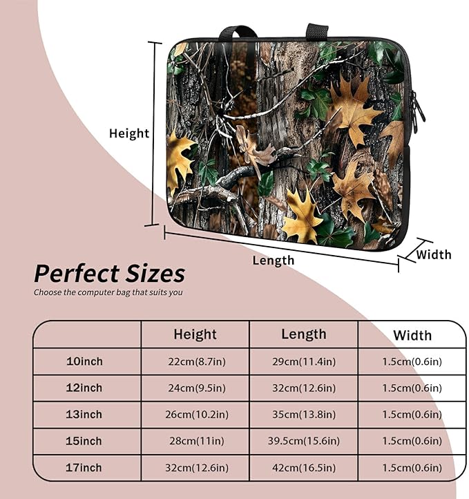 Laptop Sleeve Case Bag 15 inch, Camo Leaf Slim Carrying Case Durable Handbag Travel Laptop Bag for 15 inch MacBook Air M3/M2/15 Pro/Surface Laptop 7/6/5/4/3/ Dell XPS 15 Plus