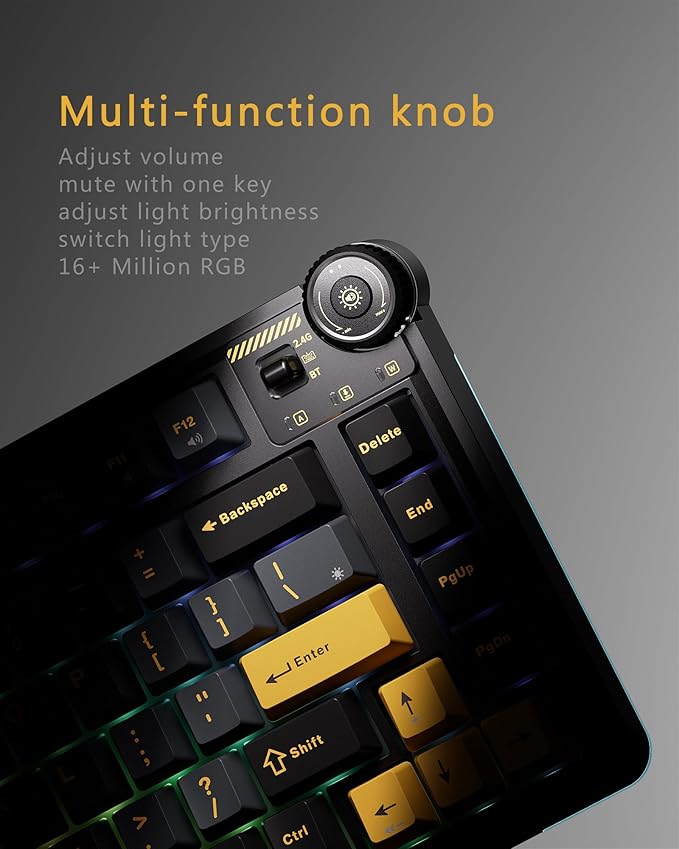 AU75 Wireless Mechanical Keyboard, x Aula 75% Hot-Swappable RGB Gaming Keyboard with Multi-Device Connectivity, Customizable LED Backlit, Knob Control, PBT Keycaps for Windows, Mac, PC, Tablet