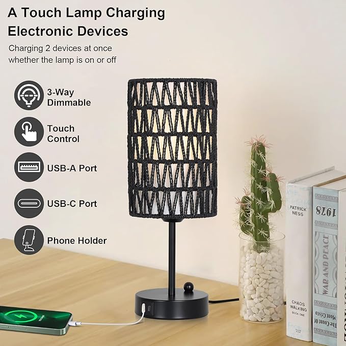 Black Bedside Lamps Set of 2, Touch Control Night Stand Lamp for Bedroom with Rattan & Linen Shade & Bulbs, 3 Way Dimmable Small Boho Table Lamps with USB Charging Port & Phone Stand