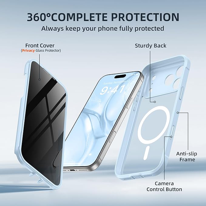BERFY for iPhone 17 Pro Case, Compatible with MagSafe, Built-in Privacy Screen Protector, Camera Protection, Shockproof Full Body Phone Case 6.3", Translucent Light Blue