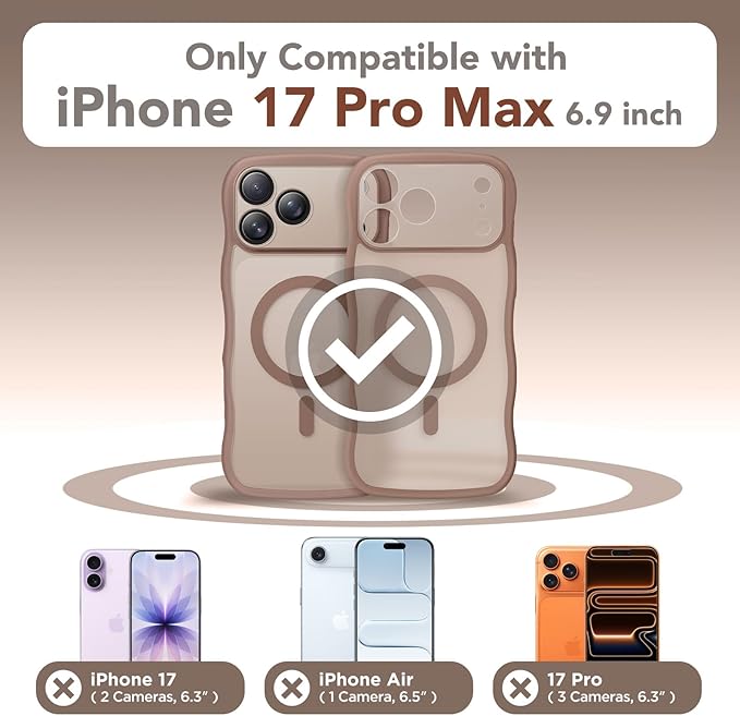 CAPRARO Magnetic for iPhone 17 Pro Max Case for Women Girls, Upgraded [Full Camera Protection] [Compatible with MagSafe] Cute Wave Translucent Matte Phone Case for iPhone 17 Pro Max, Clear Brown