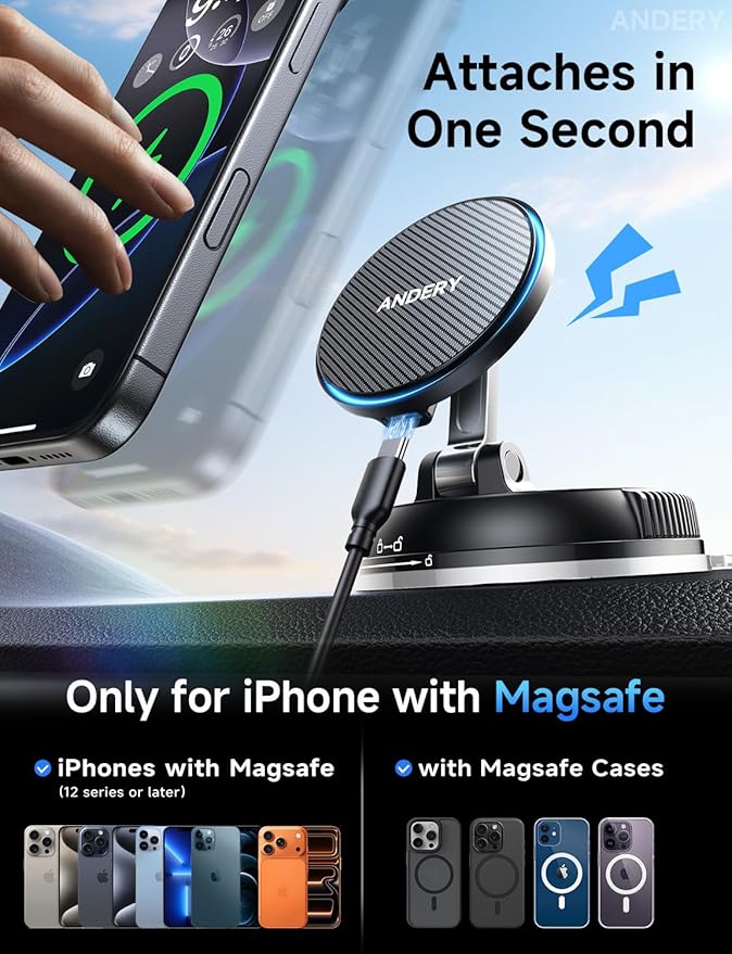 ANDERY Only for iPhone Magsafe Car Mount Charger [15W Fast Wireless Charging, 78+LBS Strong Suction 2400gf Strong Magnetic] 360° Adjustable Car Phone Holder, Phone Holders for Your Car for pats & mats