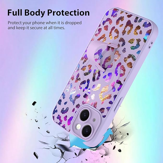 KANGHAR Compatible with iPhone 15 Case, Support for MagSafe, Silicone Cute Iridescent Leopard Cheetah Pattern, Wristband Kickstand Shockproof Protective Slim Cover for Women Girls, Purple