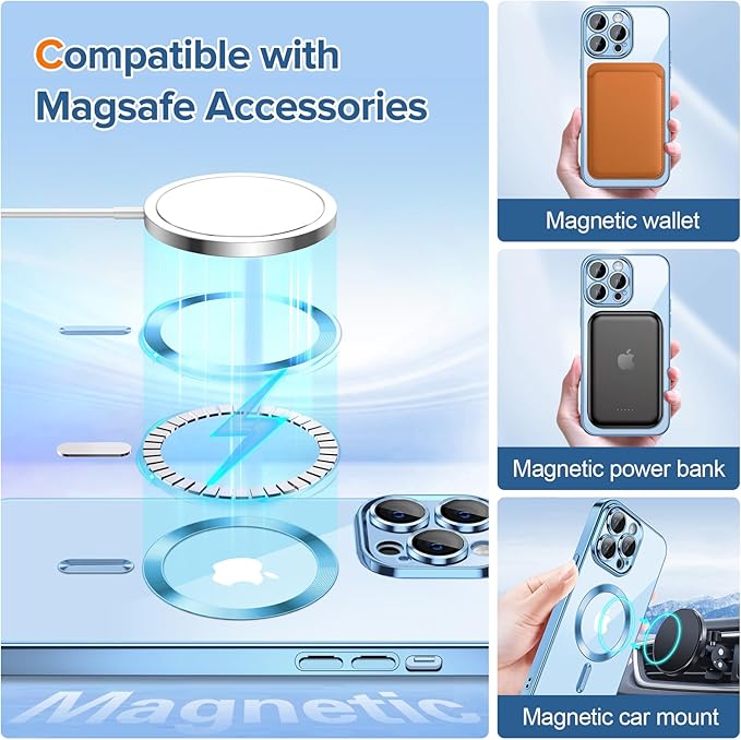 Hython Magnetic Clear for iPhone 13 Pro Case with Camera Lens Protector [Compatible with MagSafe] Luxury Plating Edge Slim Soft TPU Cover Protective Phone Case for iPhone 13 Pro 6.1", Light Blue
