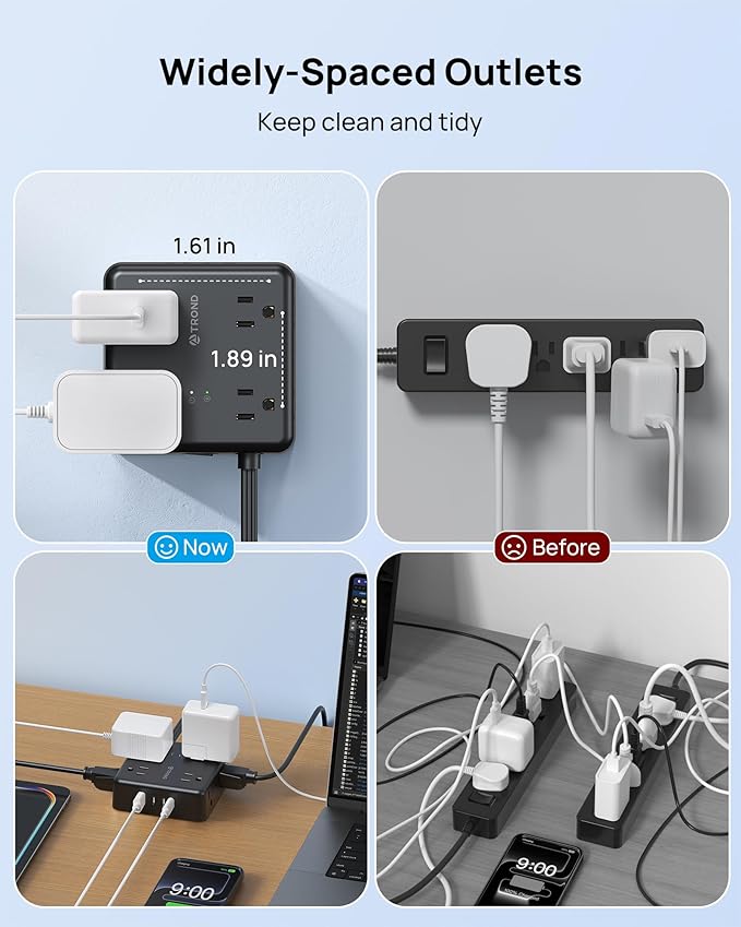 TROND Surge Protector Power Strip, 10FT Flat Plug Extension Cord with 8 Outlets & 4 USB Ports (3 USB C), 1625W, Wall Mount Outlet Extender for Home Office Dorm Room Essentials, Black