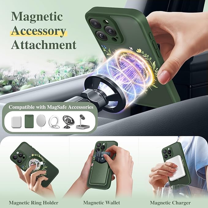 GVIEWIN for iPhone 16 Pro Max Case Compatible with MagSafe, [Military Grade Protection] [Screen Protector] Full Camera Protection Floral Translucent Women Magnetic Phone Case, Bloomcore/Forest Green