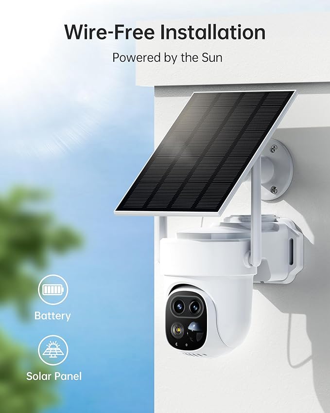 Solar Security Cameras Wireless Outdoor 2-Pack with NVR, Dual-Lens 4K (2K+2K) PTZ Camera System, AI Human & Vehicle Detection, Color Night Vision, WiFi Remote Viewing, No Monthly Fee (CWS01)